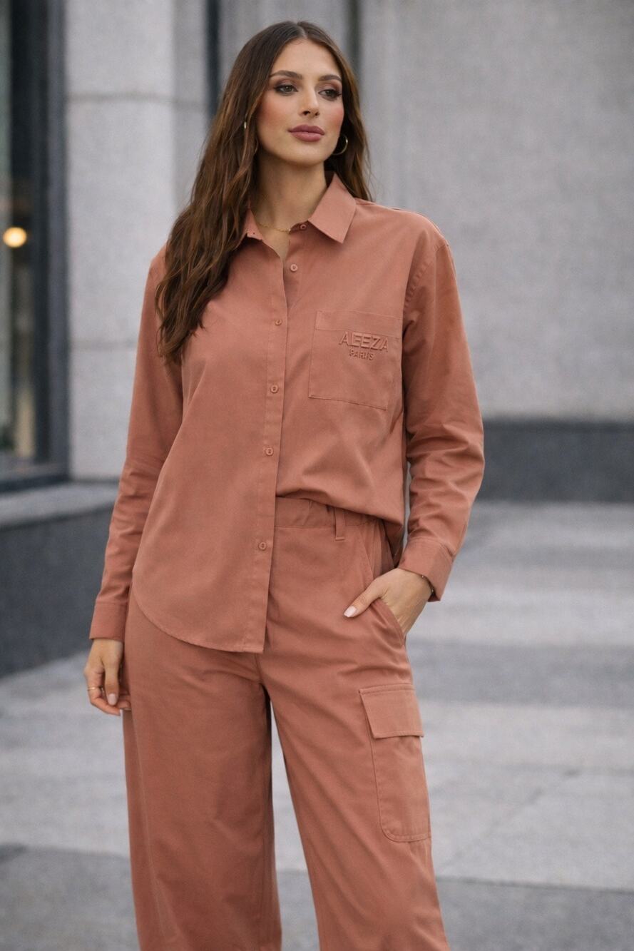 NWT Aleeza Paris Two-Piece Logo Shirt & Trouser Set - Pink - Medium